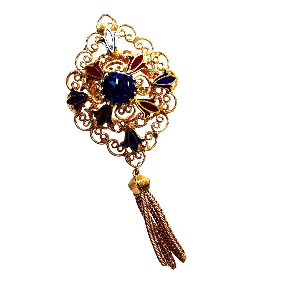 Vintage brooch gold filigree medallion w/ tassel red & blue enamel & faux stone